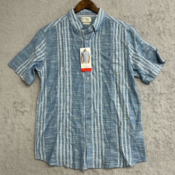 NEW Weatherproof Vintage Men's M Striped Linen Blend Short Sleeve Shirt Blue - Picture 2 of 7
